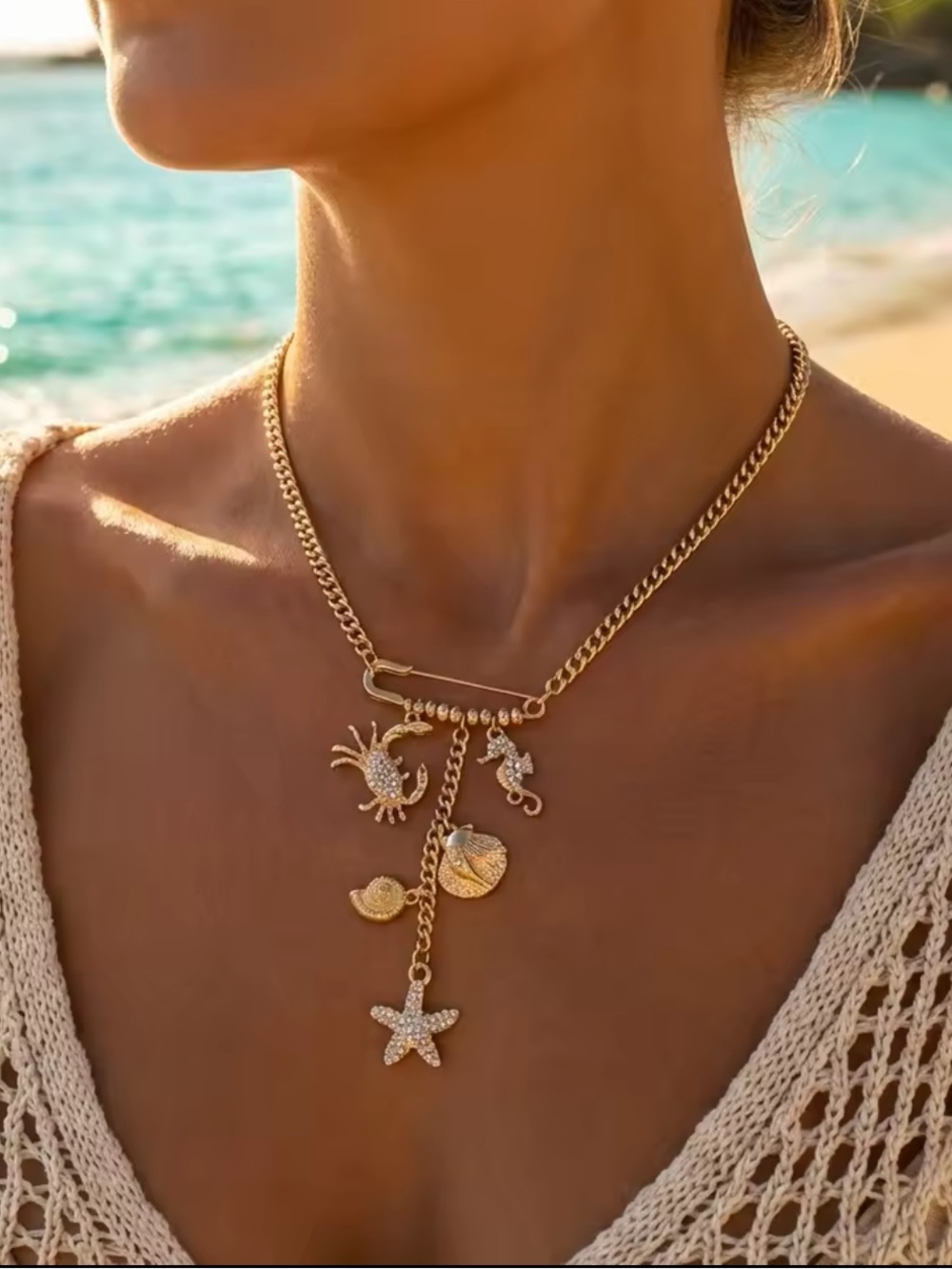 Gold Seashell & Starfish Charm Necklace